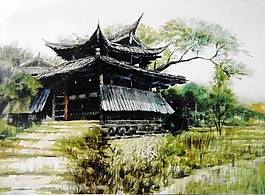 水彩古风阁楼风景画