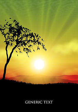 矢量素材夕阳西下中的树木剪影
