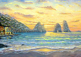 托马斯后现代风格海边夕阳落日风景油画