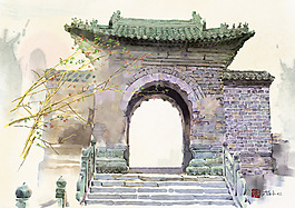 水彩城门楼插画