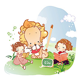 草地上的狮子和卡通女孩
