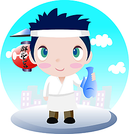 卡通建筑卖鱼的人物