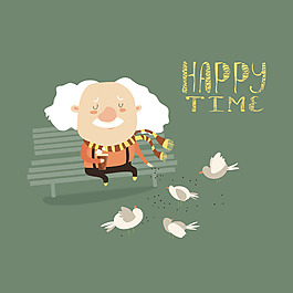 卡通老人喂养鸽子素材