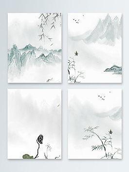 手绘水墨山水画竹子中国风荷花广告背景
